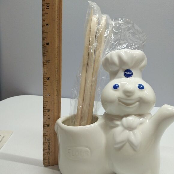 Vtg Pillsbury Doughboy Poppin Fresh Kitchen Tool Holder Wooden Utensils Included - Picture 4 of 16
